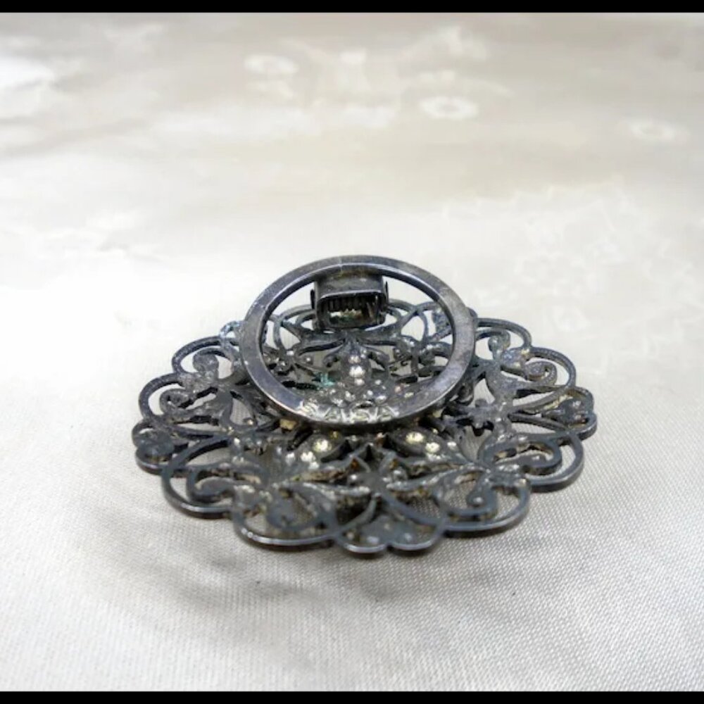 Vintage Scarf Clip Dark Silvertone Filigree Dress Clip Hat Clip - Picture 8 of 10